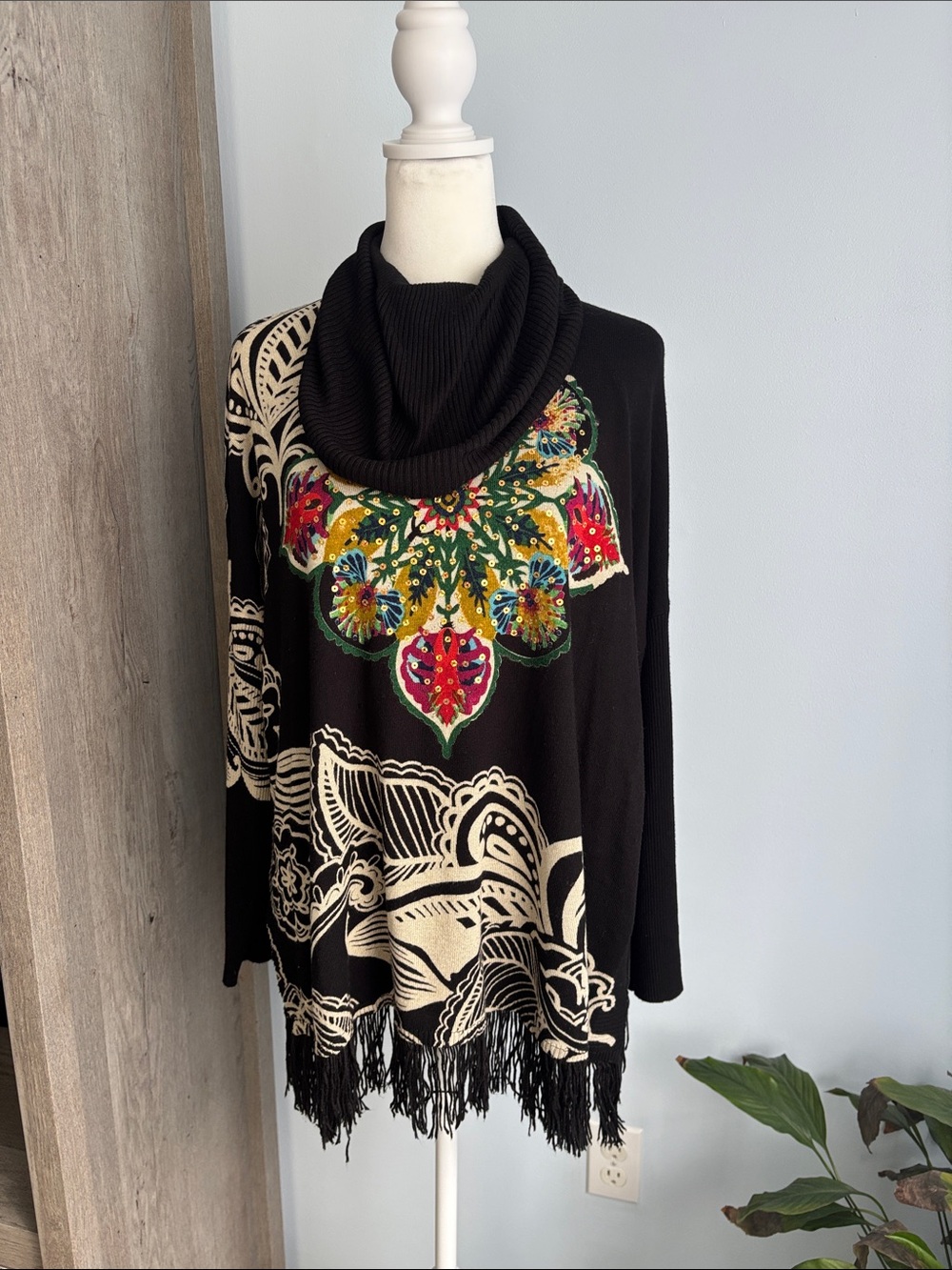 Desigual Black Cowl Neck Sweater with Multicolor Floral Motif